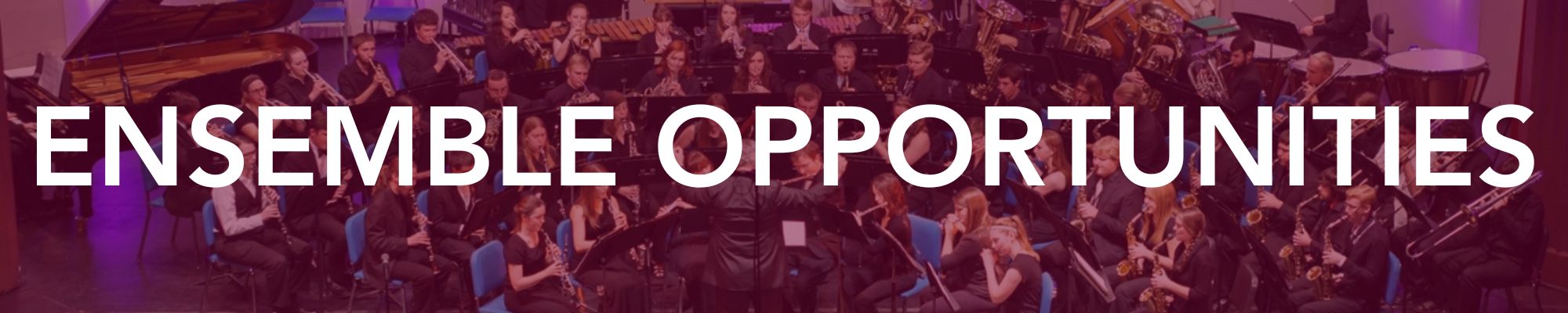 Student musicians perform in a concert band and orchestra with large overlaid text reading “ENSEMBLE OPPORTUNITIES.”