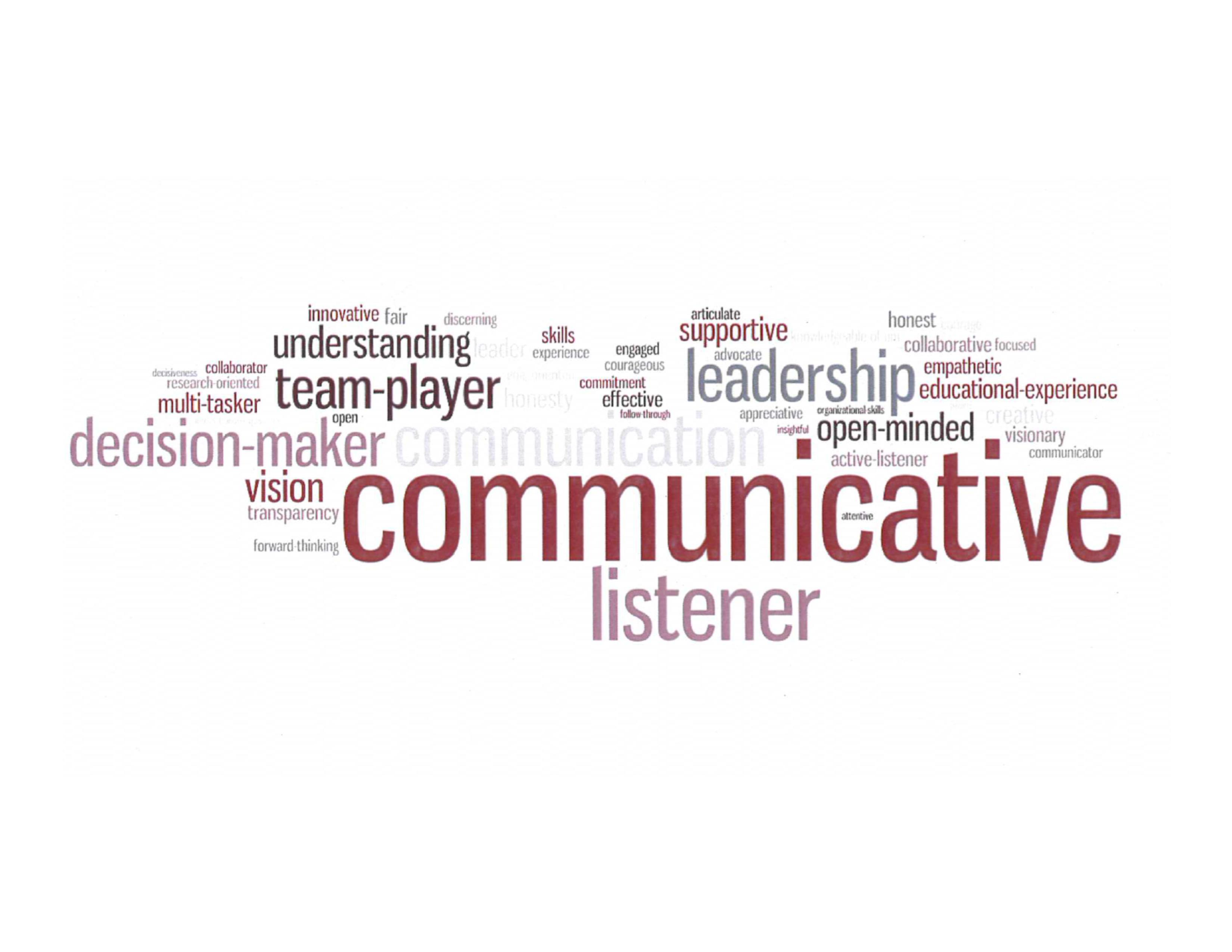 Communicative, listener, leadership, team player, decision maker