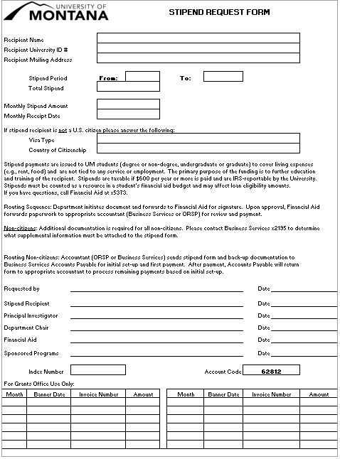Snapshot of Stipend Request Form
