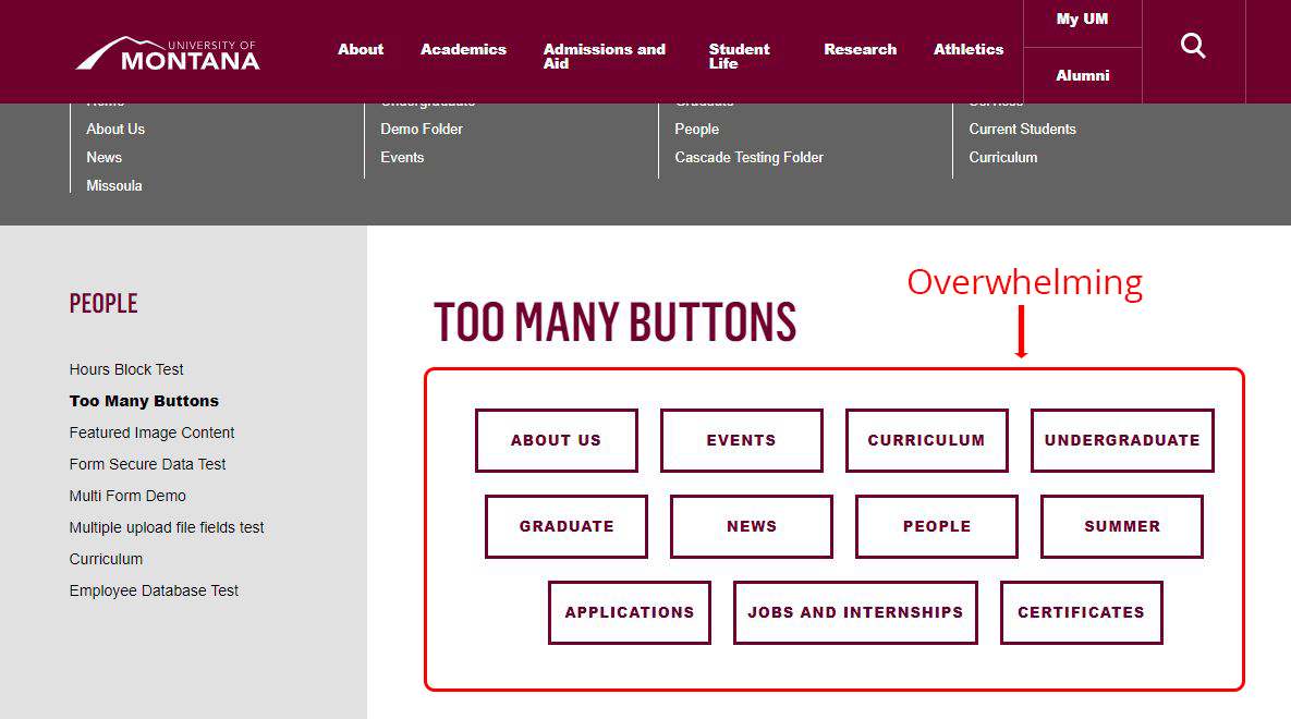 Screenshot of a UM page with 11 buttons in one row and text pointing to buttons that reads: 'Overwhelming'
