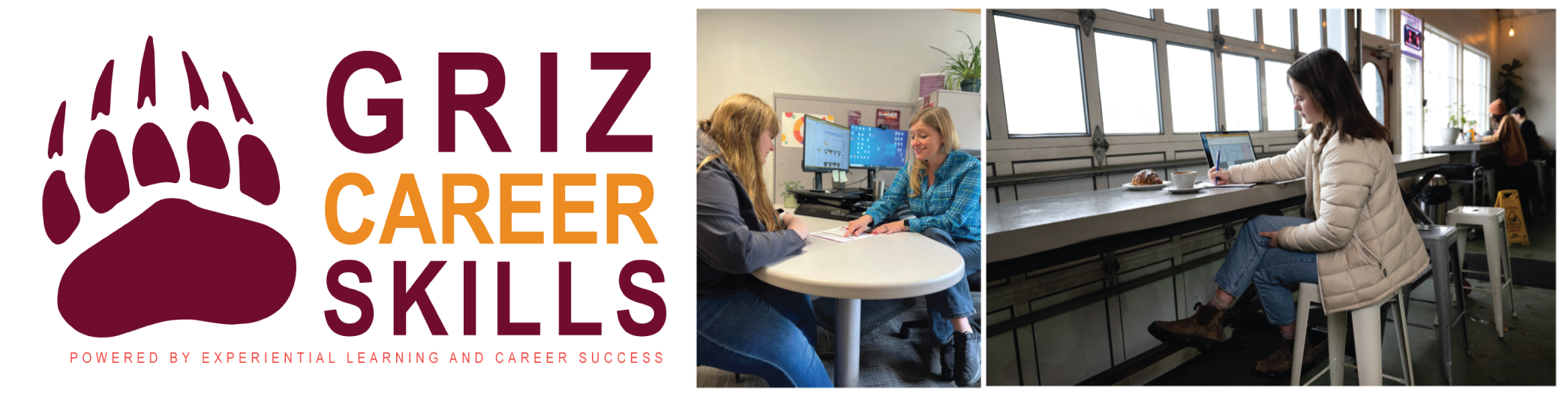 griz career skills logo and images of students