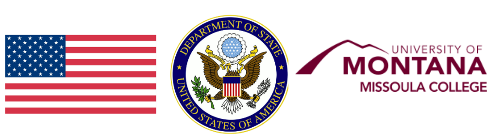 american flag, doe badge, and missoula college logo