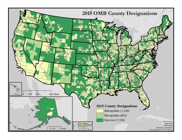 US map showing 2015 OMB County Designations. Text description on page.