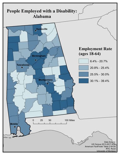 Map of AL showing rates of people with disability employed. Text description on page.