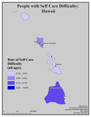 Map of HI showing rates of self-care difficulty. Text description on page.