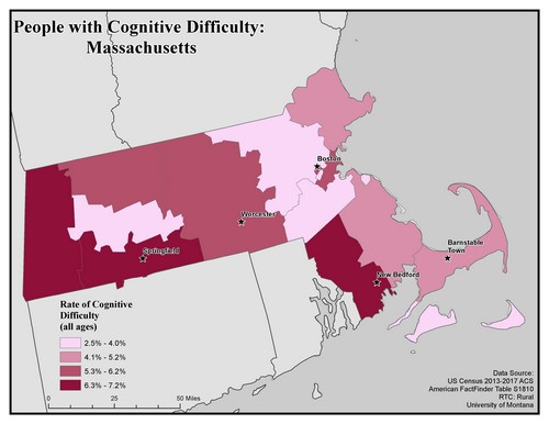 Map of MA showing rates of cognitive difficulty. Text description on page.