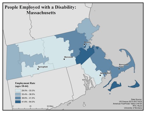 Map of MA showing rates of people with disability employed. Text description on page.