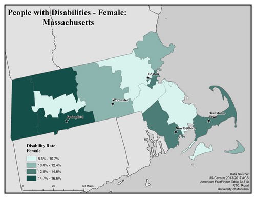 Map of MA showing rates of disability among females. Text description on page. 