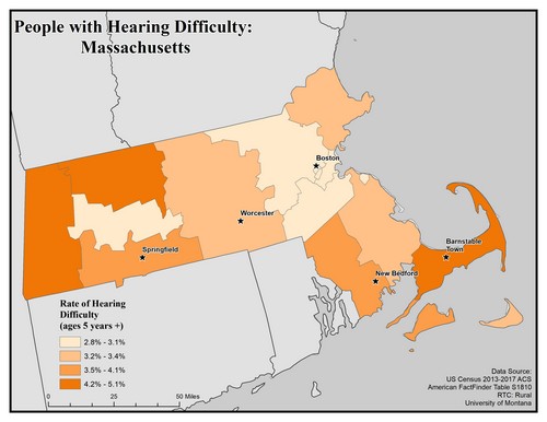 Map of MA showing rates of hearing impairment by county. Text description on page. 