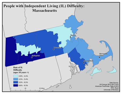 Map of MA showing rates of IL difficulty. Text description on page.