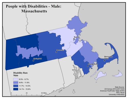 Map of MA showing rates of disability among males. Text description on page. 