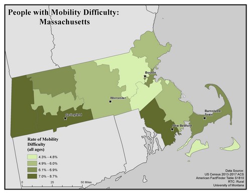 Map of MA showing rates of mobility difficulty. Text description on page.