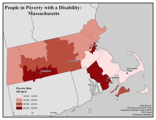 Map of MA showing rates of people with disabilities in poverty. Text description on page.