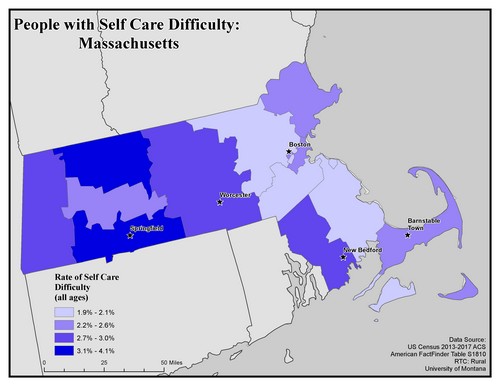 Map of MA showing rates of self-care difficulty. Text description on page.