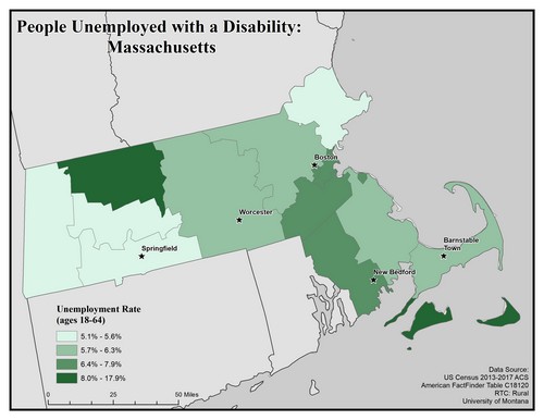 Map of MA showing rates of unemployment for people with disabilities. Text description on page.