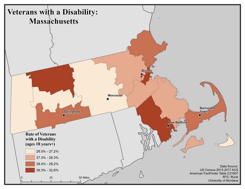 Map of MA showing rates of veterans with disability. Text description on page.
