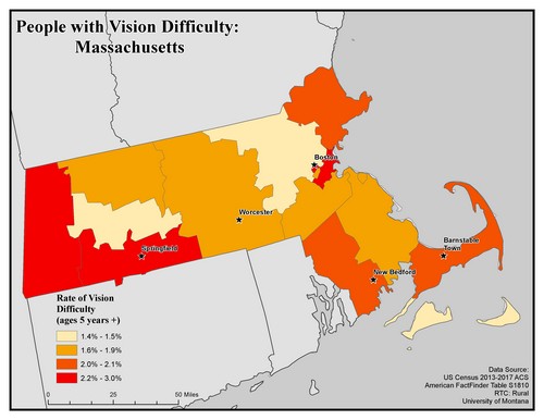 Map of MA showing rates of vision difficulty by county. Text description on page.