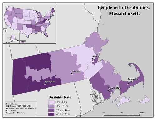 map of MA showing disability rate by county. Text description on page. 