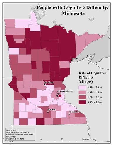 Map of MN showing rates of cognitive difficulty. Text description on page.
