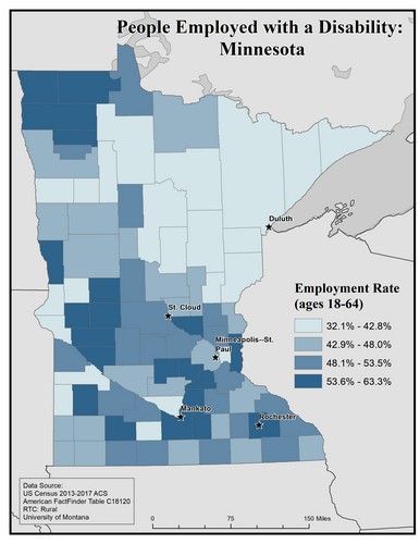 Map of MN showing rates of people with disability employed. Text description on page.