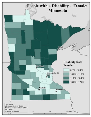 Map of MN showing rates of disability among females. Text description on page. 