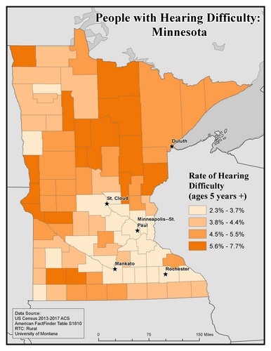 Map of MN showing rates of hearing impairment by county. Text description on page. 