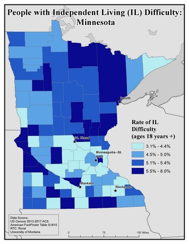 Map of MN showing rates of IL difficulty. Text description on page.