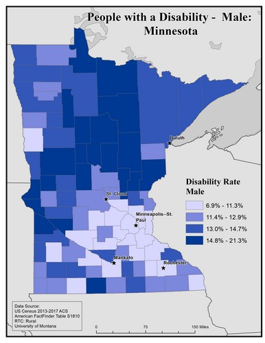 Map of MN showing rates of disability among males. Text description on page. 