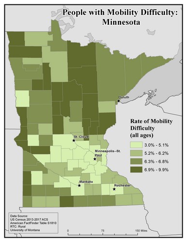 Map of MN showing rates of mobility difficulty. Text description on page.