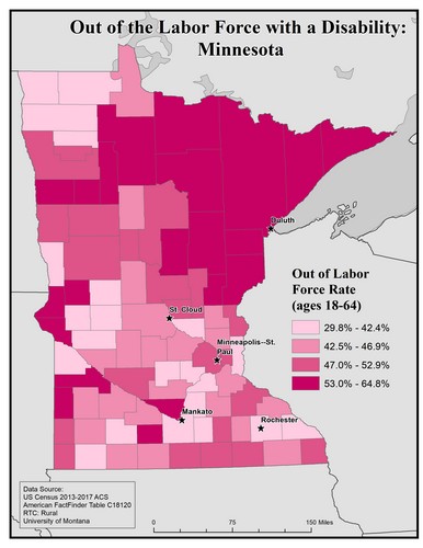 Map of MN showing rates of people with disability out of labor force. Text description on page.