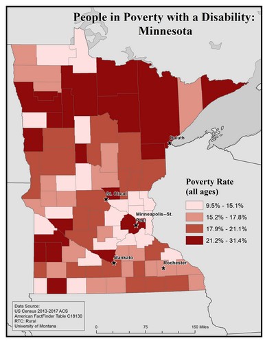 Map of MN showing rates of people with disabilities in poverty. Text description on page.
