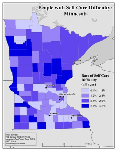 Map of MN showing rates of self-care difficulty. Text description on page.