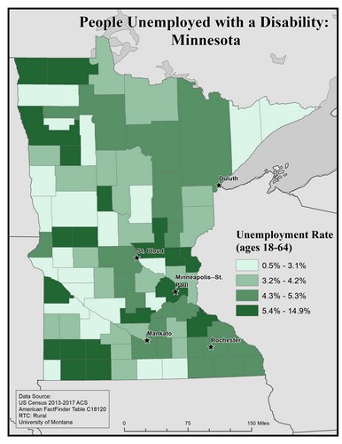 Map of MN showing rates of unemployment for people with disabilities. Text description on page.