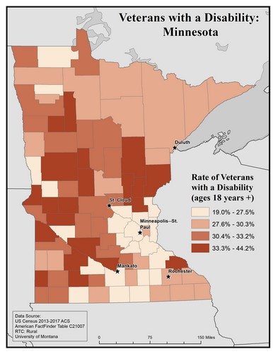 Map of MN showing rates of veterans with disability. Text description on page.