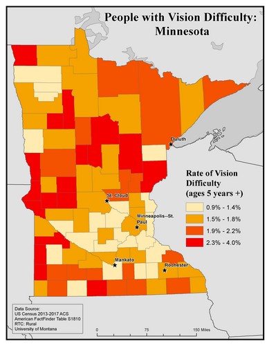 Map of MN showing rates of vision difficulty by county. Text description on page.