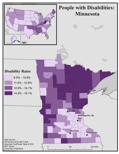 map of MN showing disability rate by county. Text description on page. 
