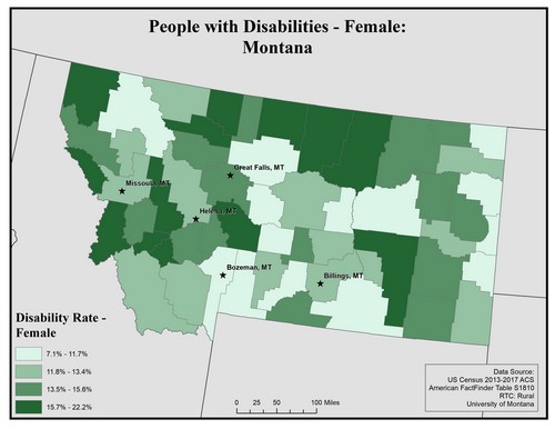 Map of MT showing rates of disability among females. Text description on page. 