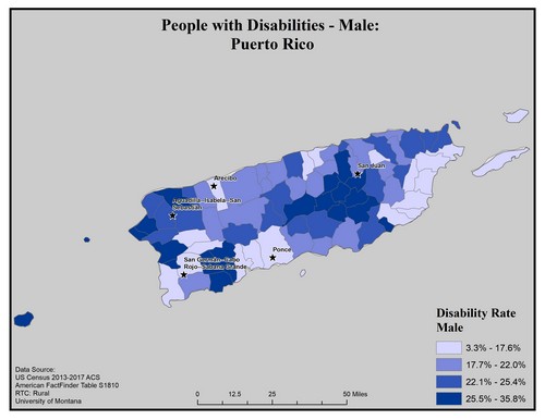 Map of PR showing rates of disability among males. Text description on page. 