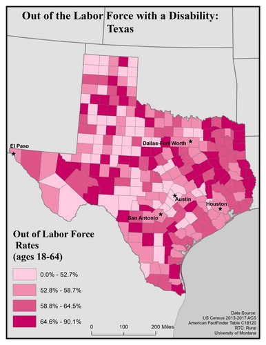 Map of TX showing rates of people with disability out of labor force. Text description on page.