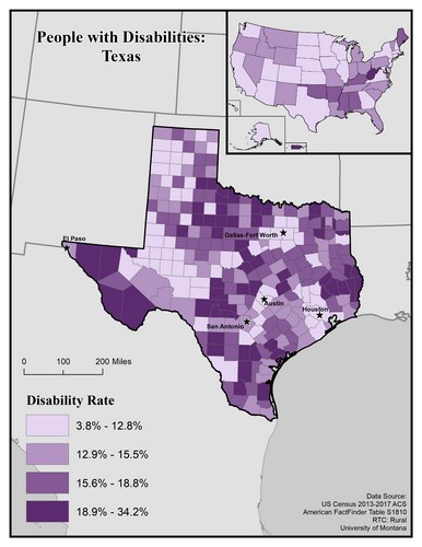 map of TX showing disability rate by county. Text description on page. 