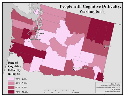 Map of WA showing rates of cognitive difficulty. Text description on page.