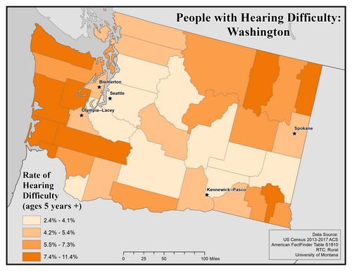 Map of WA showing rates of hearing impairment by county. Text description on page. 