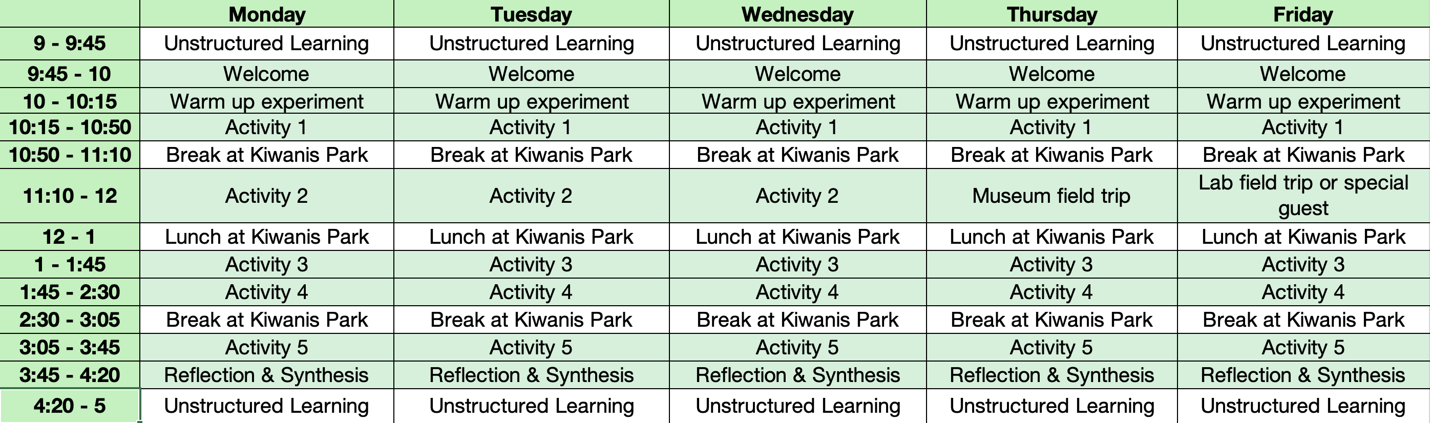 Example camp schedule