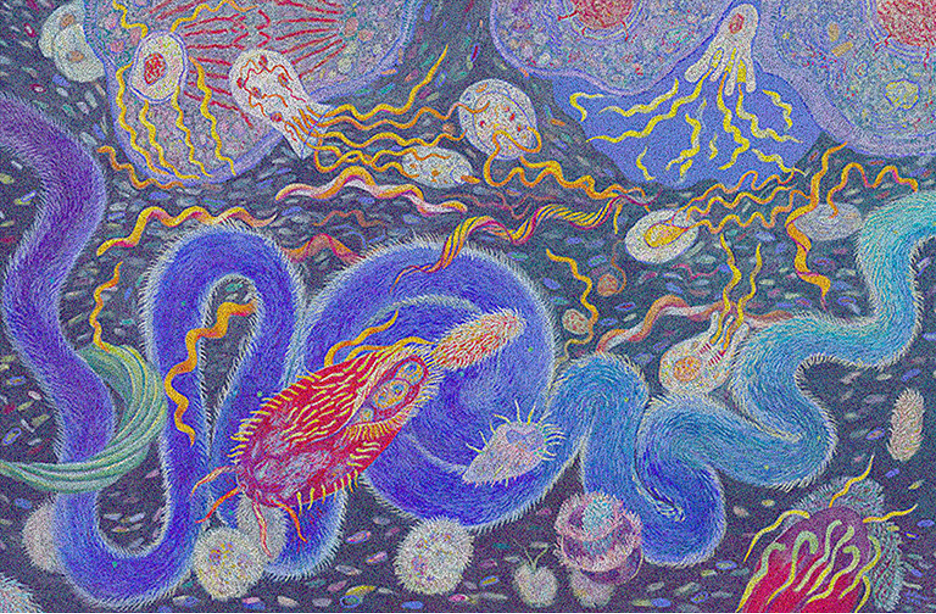 Haraway's sympoiesis illustrated by multi-colored parts of a cell weaving and floating in blue space