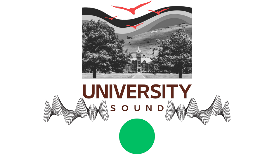 University Sound logo. Text "University Sound" under an image of the University of Montana campus and abutted by two sound waves